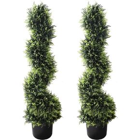 39 inchBoxwood Artificial Cedar Spiral Topiary Trees – Decorative Fake Greenery in Planter Pots for Front Porch, Outdoor Walkway, Entryway Decorating, Set of 2