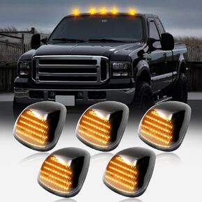 HTZCMOTO Cab Roof Lights Smoked Amber Cab Marker Lights Compatible with F250 F350 F450 F550 Super Duty 1999-2016, F650 F750 2004-2017, 5pcs Clearance Lights for Trucks (A2, Smoked Lens + Amber Light)