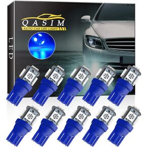 Qasim 194 Led Bulb Blue, T10 W5W 2825 158 192 168 194 Wedge 5-SMD 5050 Ultra Blue LED Light bulb Car Interior Lights 12V DC (Pack of 10)