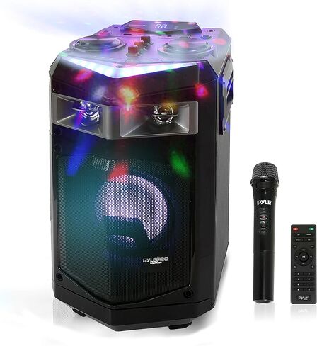Pyle Portable Rechargeable Wireless PA Speaker System w/ Bluetooth, 500W Peak Power Outdoor Speaker Microphone Set with Mic Talkover, Flashing LED DJ Lights, USB SD FM Radio AUX, Mic Included in Saudi Arabia