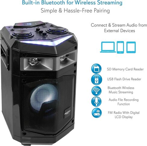 Pyle Portable Rechargeable Wireless PA Speaker System w/ Bluetooth, 500W Peak Power Outdoor Speaker Microphone Set with Mic Talkover, Flashing LED DJ Lights, USB SD FM Radio AUX, Mic Included in Saudi Arabia