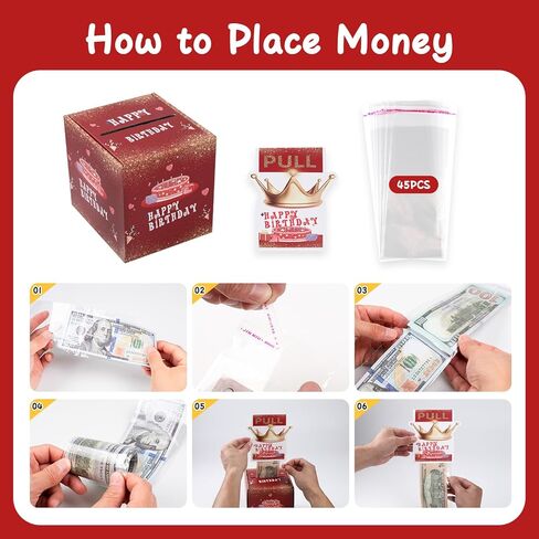 Happy Birthday Money Box for Cash Gift Pull, Black Gold Surprise Explosion Holder with Card & 45Pcs Plastic Bags with Adhesive, Unique DIY Money Roll Ideas for Men/Kids/Adults/Friends/Boys in Kuwait