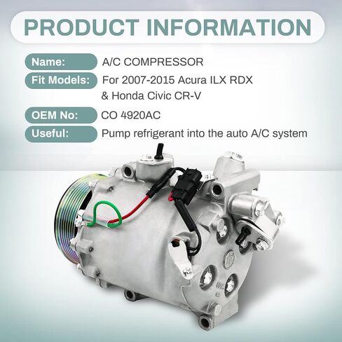 CO 4920AC، ضاغط مكيف الهواء مع قابض متوافق مع 2007-2015 Honda Civic CRV وAcura ILX RDX، قطعة غيار ضاغط تكييف الهواء | جديد، عمر الفاروق: 38810RWCA03، 38810RZYA01، إلخ. in Kuwait
