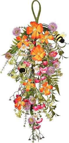 Reg 22 بوصة أزهار الصيف وBumble Bee Floral Teardrop Swag - أزهار صناعية صفراء ووردية وبرتقالية وبيضاء in Kuwait