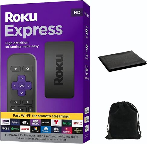 روكو اكسبريس (جديد) | جهاز بث HD Roku مع جهاز تحكم بسيط (بدون أدوات تحكم في التلفزيون)، تلفزيون مباشر ومجاني، يتضمن قطعة قماش للتنظيف وحقيبة للحمل in Kuwait