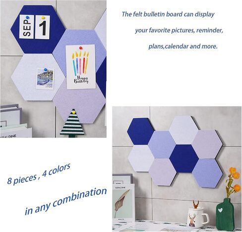 8Pcs Hexagon Felt Cork Board Tiles Self Adhesive Bulletin Board, Pin Board for Wall Decor Memos Photos Display (Set D) in Kuwait