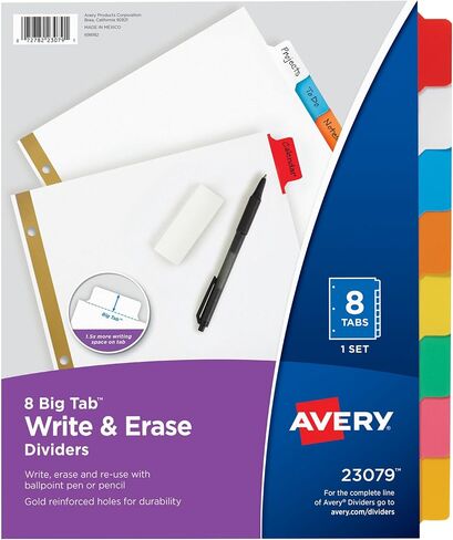 فواصل مجلد Avery مكونة من 8 علامات تبويب، علامات تبويب كبيرة للكتابة والمسح، متعددة الألوان، مجموعة واحدة (23079) in Saudi Arabia