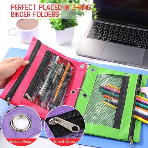 Fainne 60 Pack Pencil Pouch 3 Ring Zipper Pencil Pouches Case Binder Cosmetic Bag 420d PVC Clear Film Pencil Case Kawaii Office Supplies Double Zip Zipper Pouch (Black) in Saudi Arabia