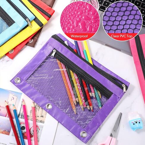 Fainne 60 Pack Pencil Pouch 3 Ring Zipper Pencil Pouches Case Binder Cosmetic Bag 420d PVC Clear Film Pencil Case Kawaii Office Supplies Double Zip Zipper Pouch (Black) in Saudi Arabia