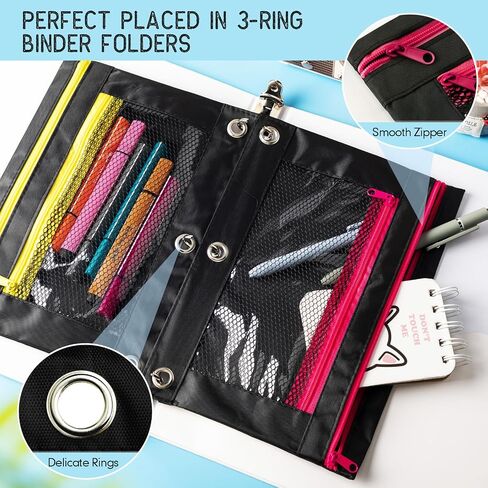 Fainne 60 Pack Pencil Pouch 3 Ring Zipper Pencil Pouches Case Binder Cosmetic Bag 420d PVC Clear Film Pencil Case Kawaii Office Supplies Double Zip Zipper Pouch (Black) in Saudi Arabia