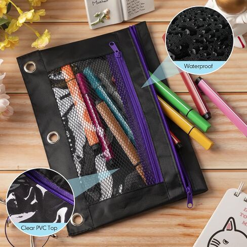 Fainne 60 Pack Pencil Pouch 3 Ring Zipper Pencil Pouches Case Binder Cosmetic Bag 420d PVC Clear Film Pencil Case Kawaii Office Supplies Double Zip Zipper Pouch (Black) in Saudi Arabia