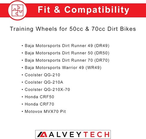 زوج من عجلات تدريب هوائية مقاس 8 بوصات من AlveyTech - يناسب Honda CRF50، Baja Dirt Runner 49 (DR49)، Coolster QG-210، 50cc و70cc Dirt Bike، مجموعة لدراجات الأطفال الصغيرة، أجزاء دراجة غاز بعجلتين، قابلة للتعديل in Kuwait