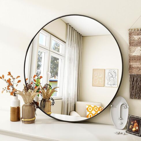 VooBang Large Black Round Bathroom Mirror, 48 inch Circle Wall Mounted Hanging Mirror with Simple Modern Circular Metal Frame for Hallway, Entryway, Living Room, Black Frame in Saudi Arabia