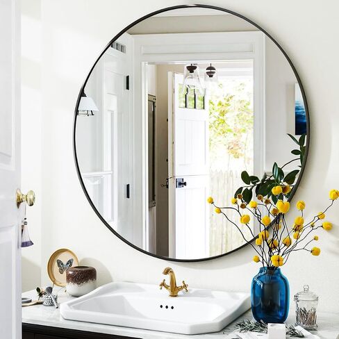 VooBang Large Black Round Bathroom Mirror, 48 inch Circle Wall Mounted Hanging Mirror with Simple Modern Circular Metal Frame for Hallway, Entryway, Living Room, Black Frame in Saudi Arabia