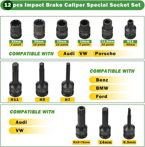 مجموعة مقابس فرجار الفرامل من LainKeen 12 قطعة، محرك مربع 1/2 بوصة، متوافق مع Audi/VW/Porsche/Benz/Ford/BMW in Kuwait