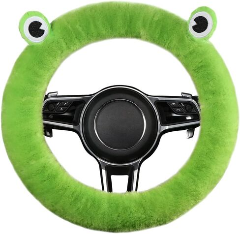 غطاء عجلة قيادة السيارة LLB، غطاء جلد الغنم من صوف الغنم الأصلي ذو نمط لطيف للنساء والرجال والفتيات، عجلة سيارة مضادة للانزلاق بمقاس 13.5-16.5 بوصة (الأمير الضفدع) in Kuwait