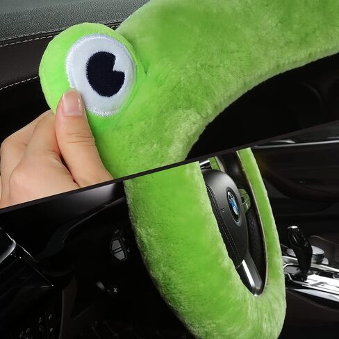 غطاء عجلة قيادة السيارة LLB، غطاء جلد الغنم من صوف الغنم الأصلي ذو نمط لطيف للنساء والرجال والفتيات، عجلة سيارة مضادة للانزلاق بمقاس 13.5-16.5 بوصة (الأمير الضفدع) in Kuwait