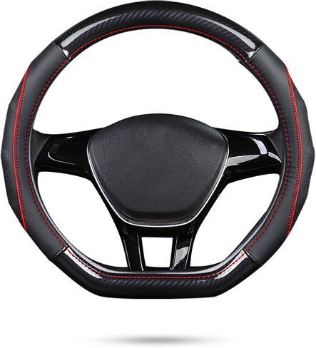 Ergocar Car Steering Wheel Cover Non-Slip Car Steering Wheel Protector Sport D-Shape Carbon Fiber & First Layer Cowhide Universal for Diameter 38cm(15") (D-Black) in Saudi Arabia