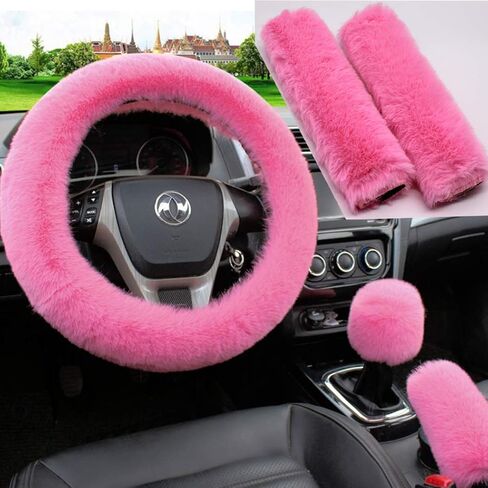 Pinbola 5pcs in 1 Set Faux Wool Steering Wheel Cover Soft Fluffy Handbrake Cover & Gear Shift Cover & 2pcs Seat Belt Shoulder Pads Warm Universal Fit for 15 Inch (Black) in Saudi Arabia