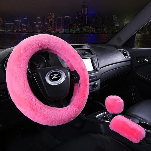 Pinbola 5pcs in 1 Set Faux Wool Steering Wheel Cover Soft Fluffy Handbrake Cover & Gear Shift Cover & 2pcs Seat Belt Shoulder Pads Warm Universal Fit for 15 Inch (Black) in Saudi Arabia