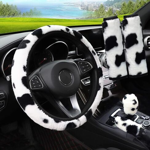 Pinbola 5pcs in 1 Set Faux Wool Steering Wheel Cover Soft Fluffy Handbrake Cover & Gear Shift Cover & 2pcs Seat Belt Shoulder Pads Warm Universal Fit for 15 Inch (Black) in Saudi Arabia