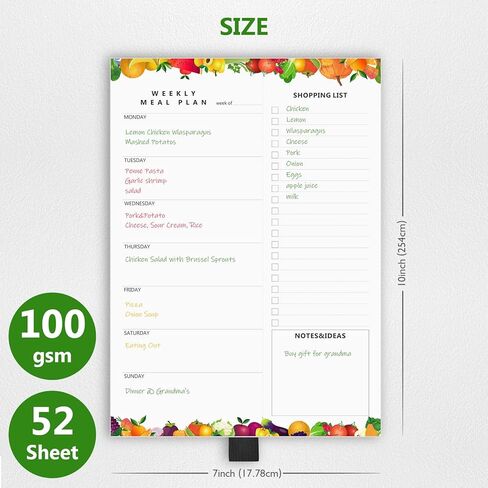 مخطط الوجبات، مفكرة مخطط القائمة الأسبوعية من Asten وقائمة البقالة مع مفكرة مغناطيسية لتخطيط الوجبات مع حامل قلم للثلاجة، مخطط العشاء مع قائمة التسوق القابلة للتمزيق 7 × 10 بوصة، 52 ورقة (فاكهة) in Kuwait