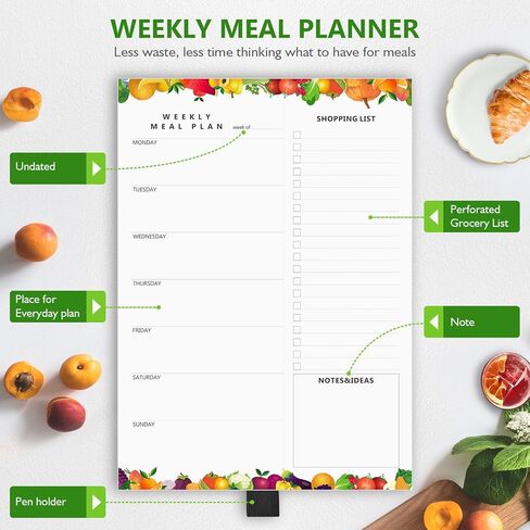 مخطط الوجبات، مفكرة مخطط القائمة الأسبوعية من Asten وقائمة البقالة مع مفكرة مغناطيسية لتخطيط الوجبات مع حامل قلم للثلاجة، مخطط العشاء مع قائمة التسوق القابلة للتمزيق 7 × 10 بوصة، 52 ورقة (فاكهة) in Kuwait