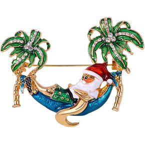 Santa Claus On Vacation Brooch, Christmas Brooches for Women Rhinestone Palm Tree Santa Claus Pin Cute Funny Tropical Themed Santa Brooch Christmas Jewelry Gift for Women Girls
