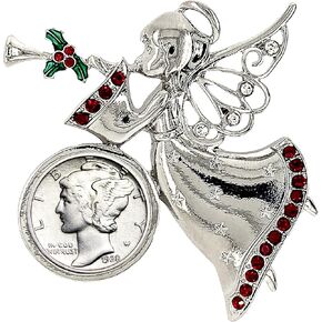 Coin Holiday Angel Silvertone Brooch | Mercury Dime | Pin Safety Closure | Certificate of Authenticity
