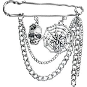 Gothic Skull Head Skeleton Palm Hanging Brooch Pin Long Tassel Punk Snake Spider Animal Long Chain Safty Pin Goth Halloween Party Jewelry for Women Men