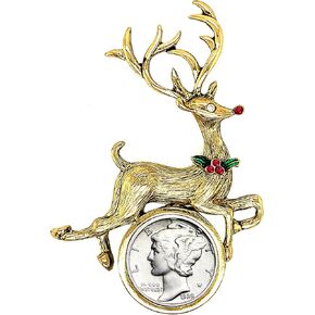 Coin Holiday Reindeer Goldtone Brooch | Mercury Dime | Pin Safety Closure | Certificate of Authenticity