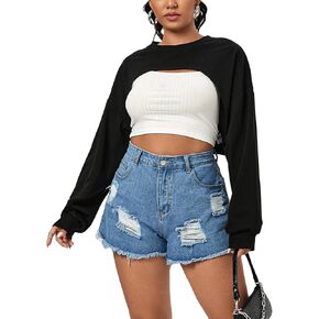 OYOANGLE Women's Plus Size Solid Drop Shoudler Long Sleeve Crop Top High Low Pullover Sweatshirts without Bra