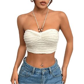 SOLY HUX Women's Ruched Halter Cami Crop Top Tie Backless Fitted Summer Tops