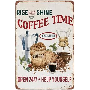 YOYI ART Coffee Signs For Coffee Bar Decor - Rise and Shine for Coffee Time, Rustic Vintage Metal Tin Sign for Coffee Station, Kitchen Wall Decor art Accessories, Gifts for Coffee lover, 8 x 12 inch