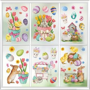 Easter Window Clings, 9 Sheets Easter Decorations Bunny Rabbit Egg Window Stickers for Glass Windows, Easter Window Decal for Home Office Classroom Easter Party Decor (Style 1)