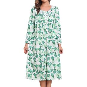 QRRLUEN Women's Nightgown Longsleeve Sleepwear Wide Strap Sleep Shirt Pleated Scoopneck Nightshirt
