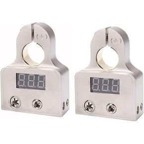 Car Terminal Connectors with Voltmeter Display for 0/2/8 AWG Gauge Positive Negative Clamps (Silver 2 Pcs)