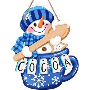 Winter Snowman Hot Cocoa Front Door Sign, Blue Snowflake Spoon Wood Door Hanger Outdoor Outside Porch Decor, Christmas Seasonal Wooden Wreath Indoor Wall Hanging Decoration