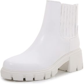 MM Womens Platform Ankle Boots Round Toe Elastic Chunky Block Mid Heel Zipper Chelsea Booties Lug Sole Non-Slip Faux Leather Shoes Fall Winter, White,Black