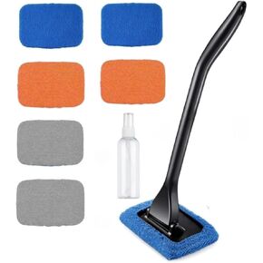 6PCS Windshield Cleaning Tool Car Window Cleaner with 5 Reusable and Washable Microfiber Pads and Extendable Handle Auto Inside Glass Wiper Kit Green (Orange)
