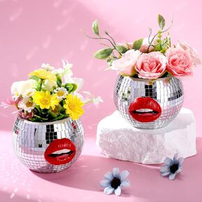2 Pcs Disco Ball Planter Glass Vase with Red Lip Disco Ball Vase Planter Candle Holder Glass Vase Bulk for Wedding Centerpieces Bedroom Kitchen Office Decoration Birthday