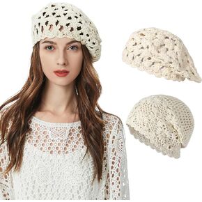 ZLYC Women Cotton Crochet Slouchy Beanie and Beret Hat Handmade Knit Cutout Summer Floral Skull Cap