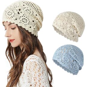 ZLYC Women Cotton Crochet Slouchy Beanie Hat Handmade Knit Cutout Summer Floral Skull Cap
