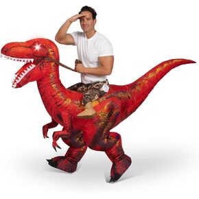 Spooktacular Creations Adult Inflatable Dinosaur Costume, Riding a Raptor, Printing T-rex Air Blow-ups with Light Eyes