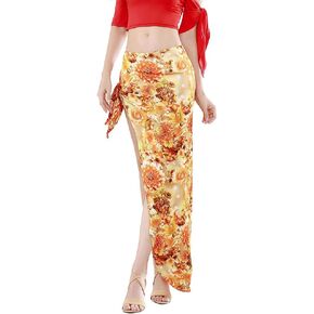 ROYAL SMEELA Belly Dance Skirt Slit Long Dance Skirts for Women Floral Bellydance Skirts Belly Dance Outfit Carnival Costume