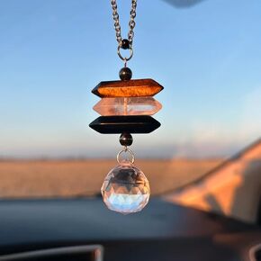 Crystal Hanging Car Charm,Cute Healing Stones Car Decor for Rear View Mirror,Boho Handmade Sun Catcher Ornament Accessories,Tiger Eye Black Obsidian Hematite Quartz Crystal Protection for Women
