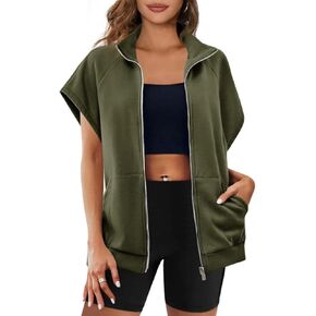 Women's Zip Up Sweatshirts Short Sleeve Lapel Oversized Summer Casual Loose Solid Sweatshirt Jacket with Pockets