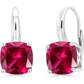 Gem Stone King 925 Sterling Silver Red Created Ruby Earrings For Women (5.00 Cttw, Cushion 8MM)