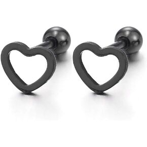 Black Flat Open Heart Stud Earrings of Stainless Steel for Women, Screw Back, 2Pcs
