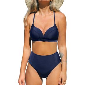CUPSHE Women's Bikini Sets V Neck Bikini Top Bathing Suit High Rise Bottoms Cross Back Drawstring Self Tie Adjustable Straps